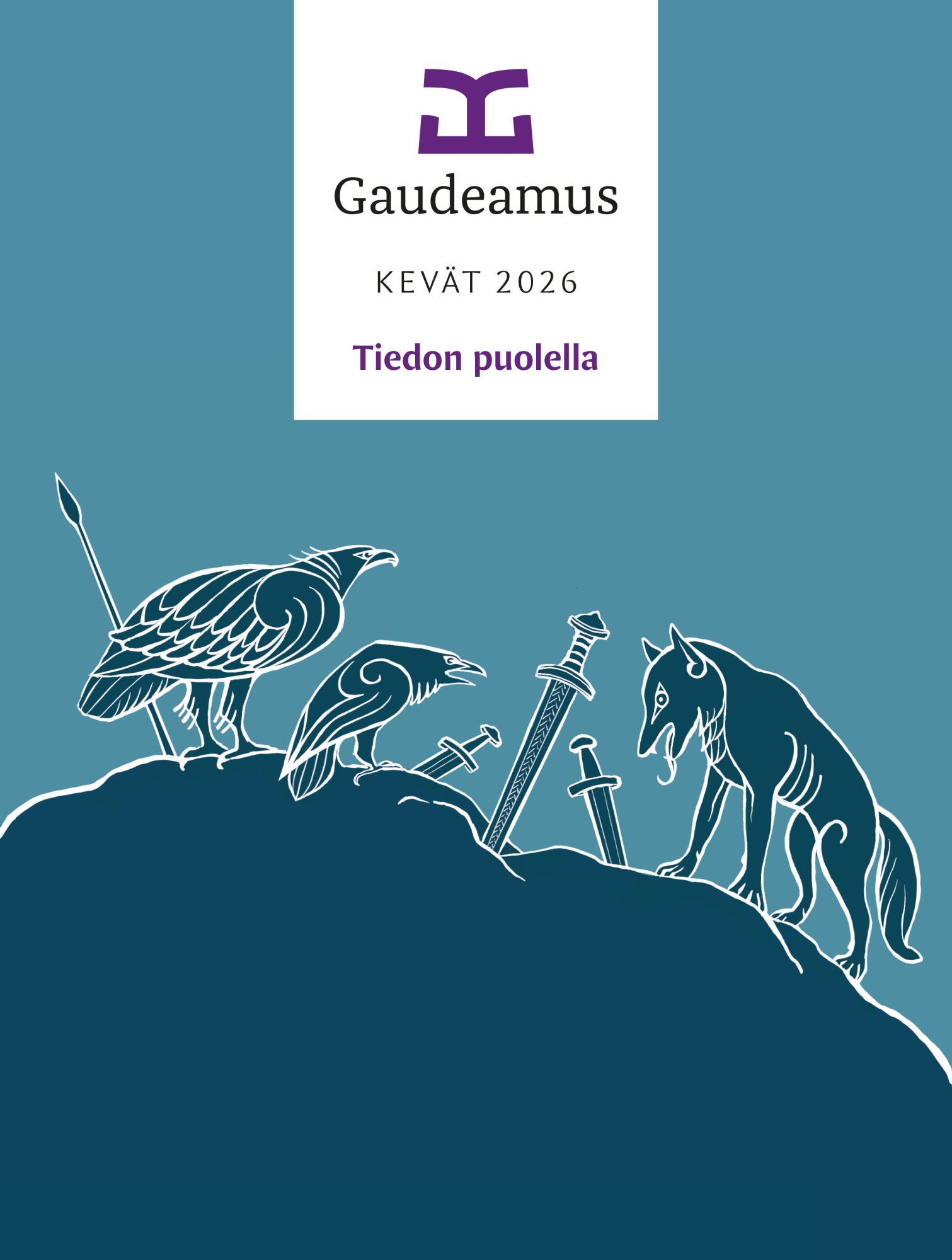 Kevään 2026 katalogin kansi, jossa on lintuja, susi ja miekkoja taistelun jälkeen.
