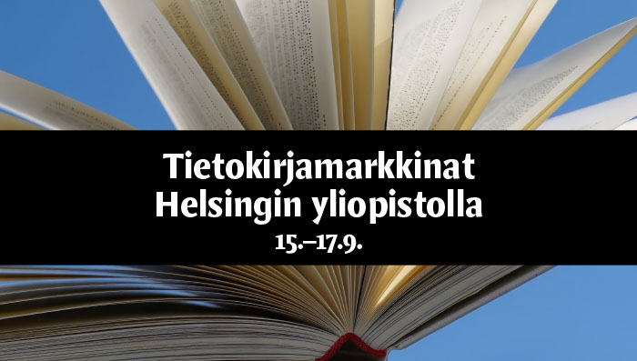 Kuva avoimesta kirjasta ja teksti Tietokirjamarkkinat Helsingin yliopistolla 15.9.–17.9.